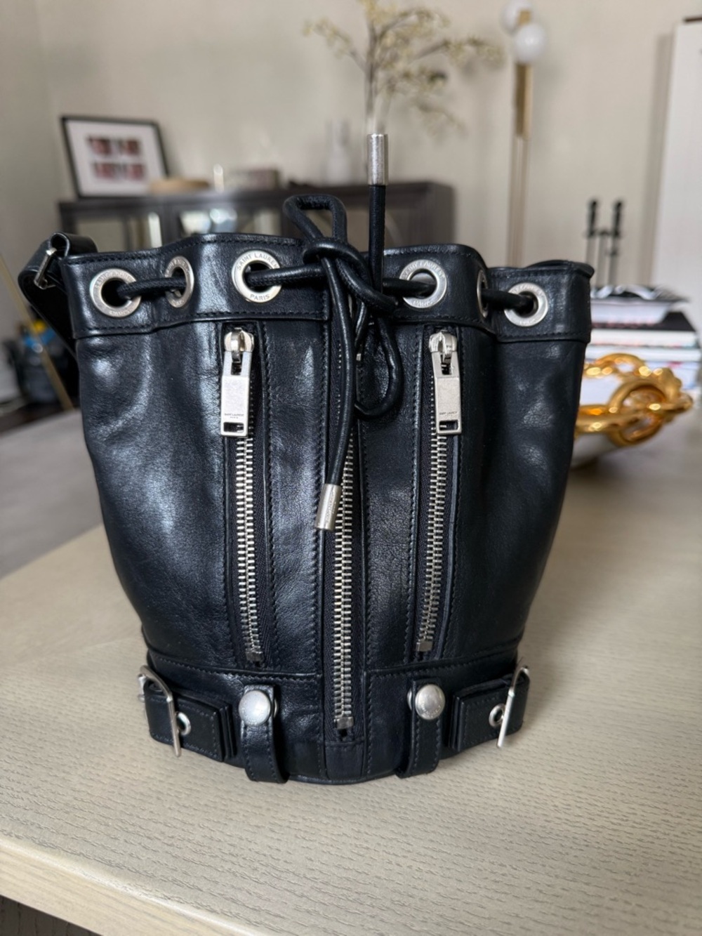 Saint Laurent Paris Black Leather Drawstring Bucket Bag with Silver Hardware